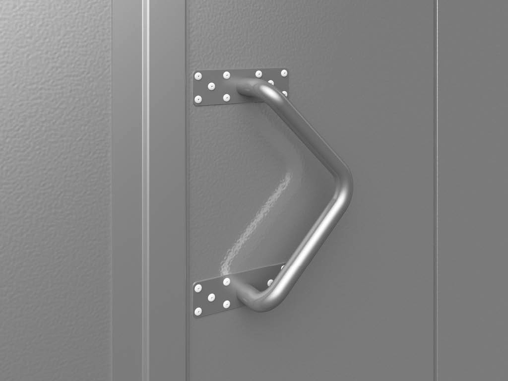 Aluminiy tutqichi, uni harakatlanuvchi qismlarga o'rnatish mumkin, eshikni ichkaridan va tashqaridan ochish imkonini beradi.